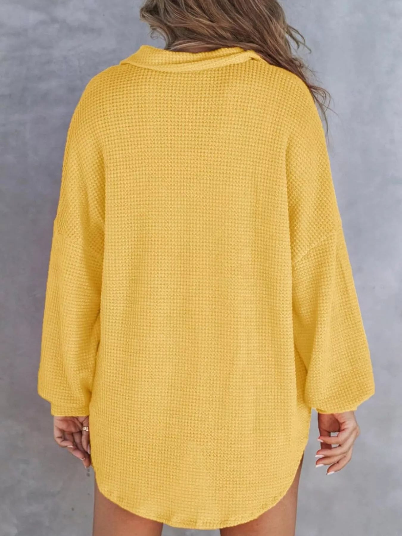 Yellow waffle knit oversized long sleeve top for women, cozy casual fashion