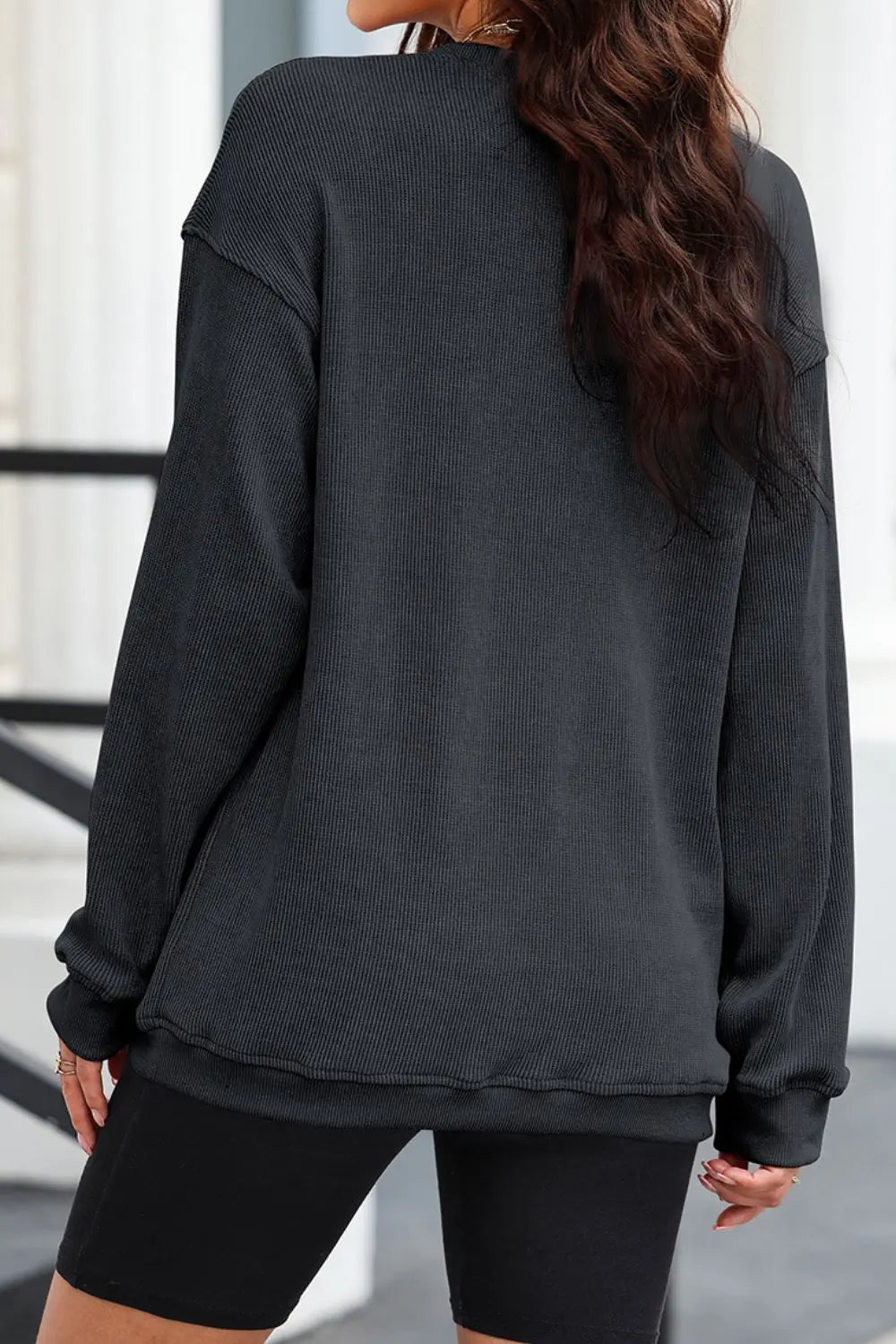 Black ribbed long sleeve oversized top for women, casual fashion