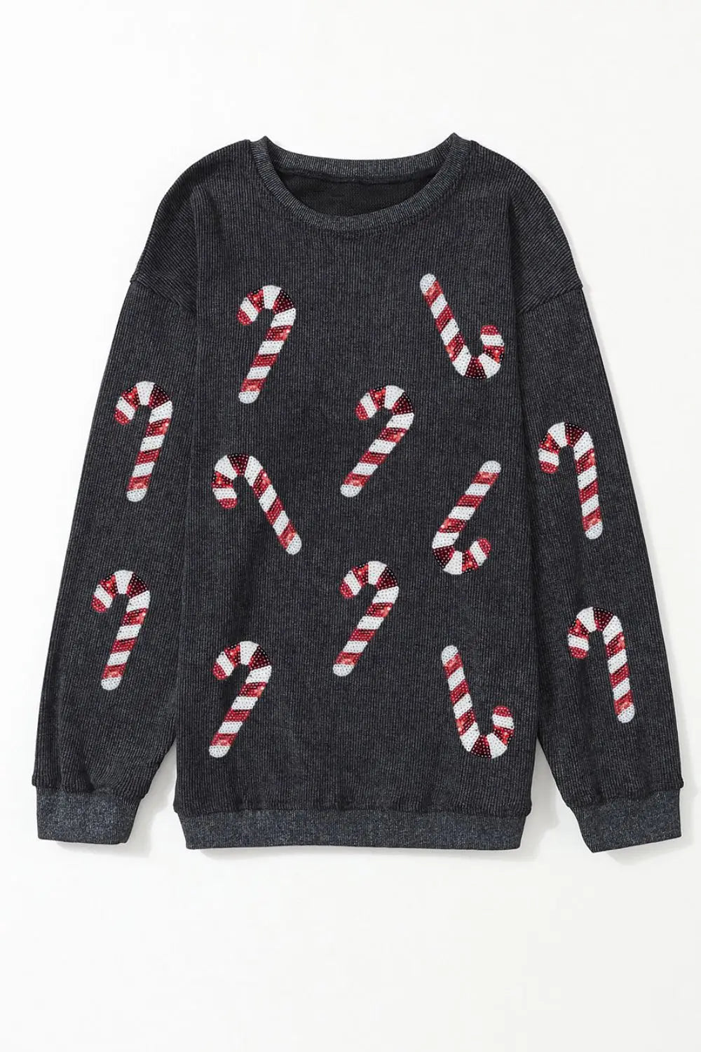 Dark gray ribbed sweater with red and white candy cane print, festive holiday top for women