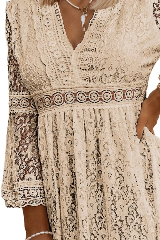 Cream lace boho dress with V-neck, bell sleeves, and waistband detail for women's fashion