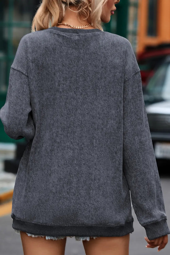 Gray ribbed oversized long sleeve sweater for women, casual streetwear style