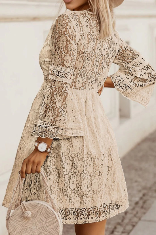 Beige lace dress with bell sleeves, perfect for women's trendy fashion and summer occasions
