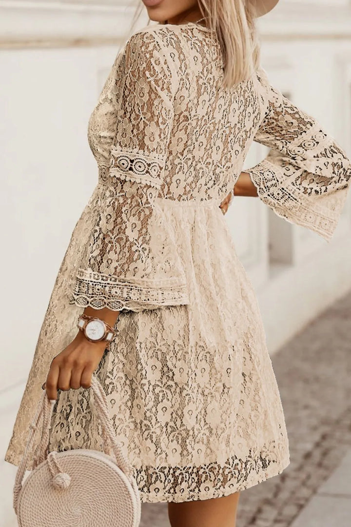 Beige lace dress with bell sleeves, perfect for women's trendy fashion and summer occasions