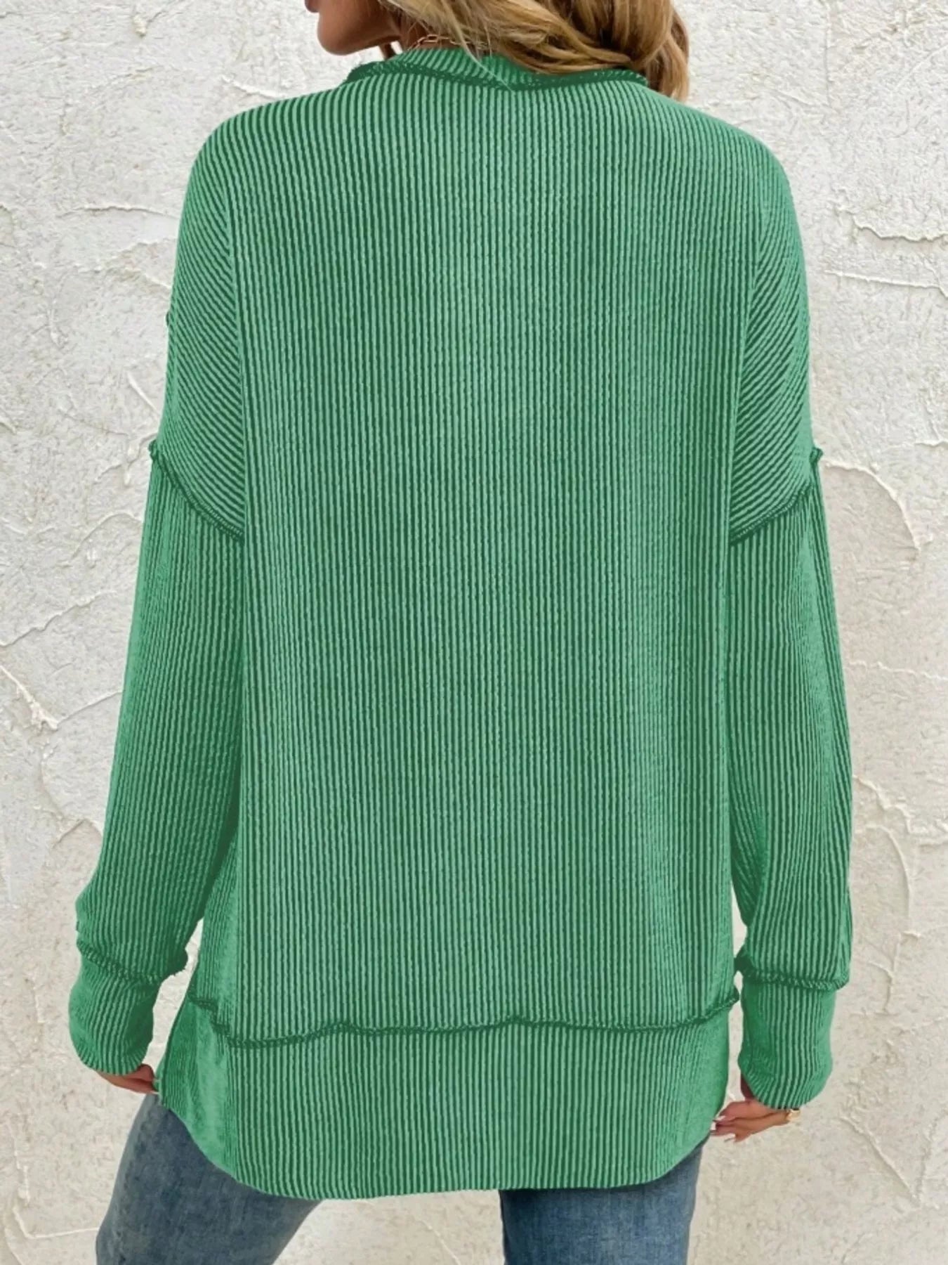 Green ribbed long sleeve top, cozy women's fashion, casual style with relaxed fit