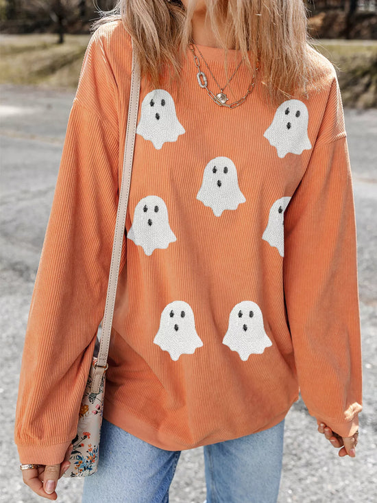 Orange corduroy ghost print long sleeve top for women, casual Halloween fashion