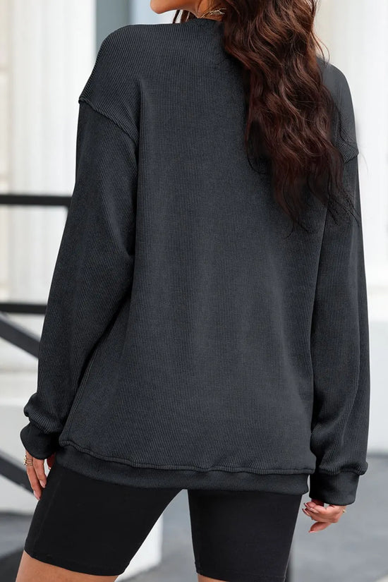 Black ribbed long sleeve oversized top for women, casual fashion