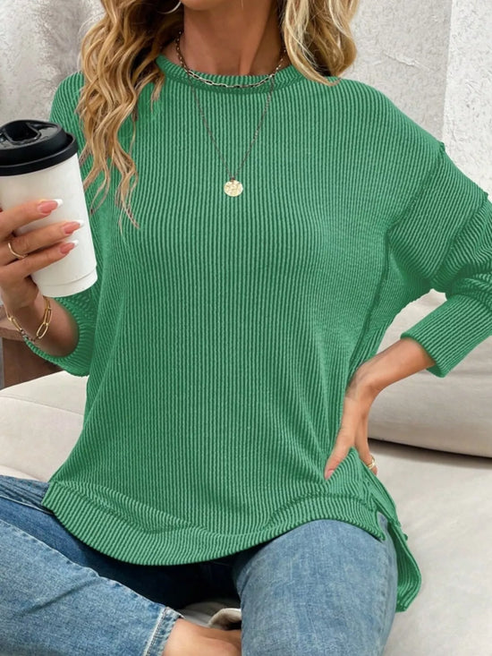 Green ribbed long sleeve top for women, casual style with jeans, perfect for everyday wear